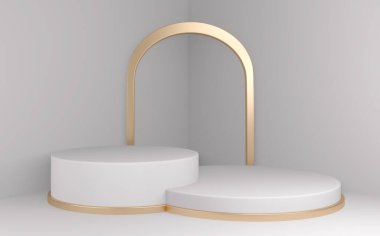 Podyum minimal geometrik beyaz arkaplan ve zemin altın soyut 3D görüntüleme