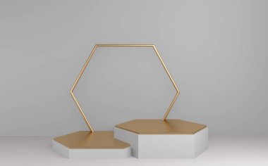 Podyum minimal geometrik beyaz arkaplan ve zemin altın soyut 3D görüntüleme