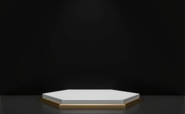 Ürün için siyah ve altın renkli bir Çin podyumu. 3B görüntüleme