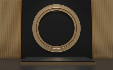 Ürün için siyah ve altın renkli bir Çin podyumu. 3B görüntüleme