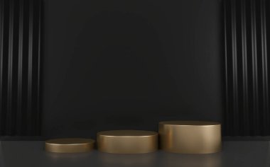 Ürün için siyah ve altın renkli bir Çin podyumu. 3B görüntüleme