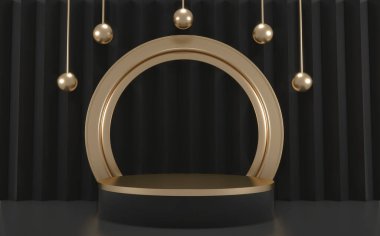 Ürün için siyah ve altın renkli bir Çin podyumu. 3B görüntüleme