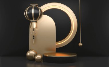 Ürün için siyah ve altın renkli bir Çin podyumu. 3B görüntüleme