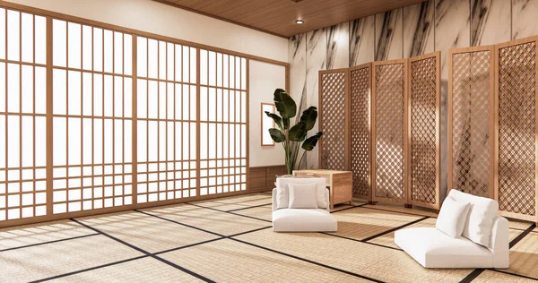 partition japanese on room tropical interior with tatami mat floor and ganite tiles wall.3D rendering