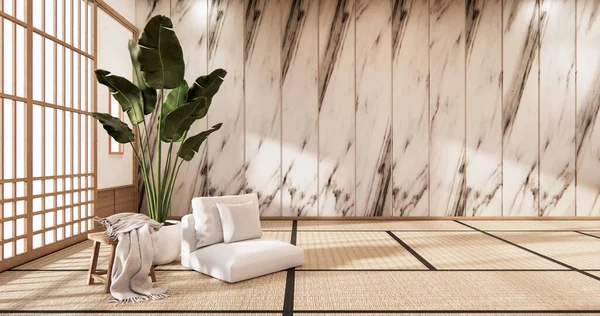 畳の床とガナイトタイルの壁で部屋の熱帯のインテリアのパーティション日本語 — ストック写真