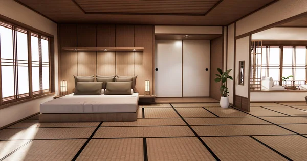 熱帯の部屋のインテリアと畳の床にベッドルーム日本のデザイン 3Dレンダリング — ストック写真