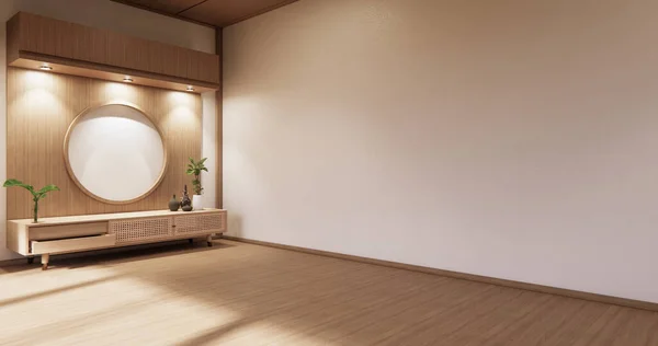 Деревянный Шкаф Современной Пустой Комнате Белая Стена Белом Полу Японском — стоковое фото