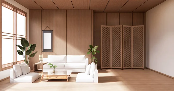 Desain Interior Wooden Zen Ruang Tamu Modern Gaya Jepang Rendering — Stok Foto