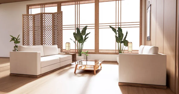 木制室内设计 禅式现代客厅日式 3D渲染 — 图库照片