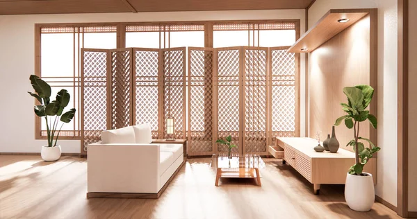 Dřevěný Design Interiéru Zen Moderní Obývací Pokoj Japonský Styl Vykreslování — Stock fotografie