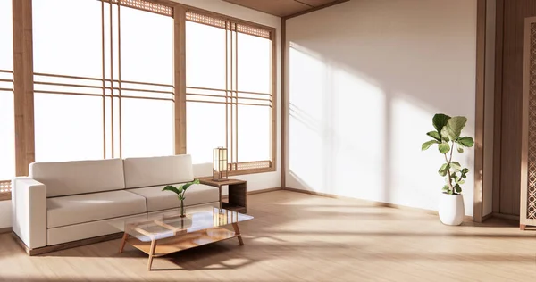 Wooden Interior Design Zen Modern Living Room Japanese Style Rendering — Stock Photo, Image