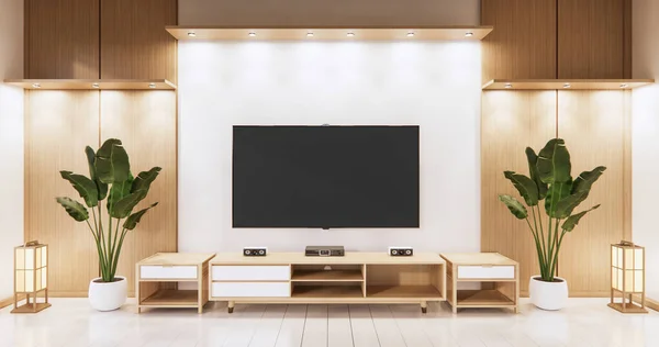 Télévision Sur Fond Mur Vide Mur Design Japonais Bois Sur — Photo