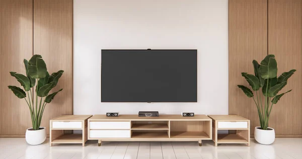 Telewizor Pustym Tle Ściany Ściany Drewniane Japoński Design Salon Zen — Zdjęcie stockowe