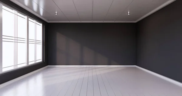 Habitación Vacía Color Negro Diseño Interiores Madera Renderizado — Foto de Stock