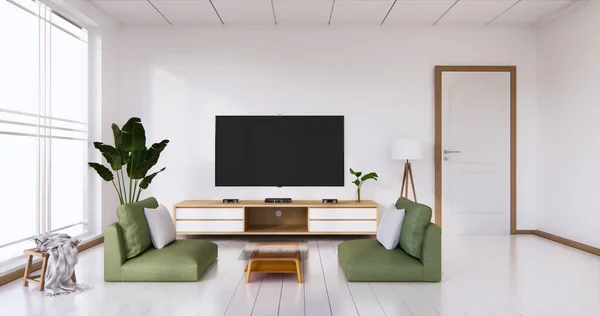 Telewizor Szafka Wyświetlacz Białym Pokoju Biały Podłogi Minimalistyczny Japoński Salon — Zdjęcie stockowe