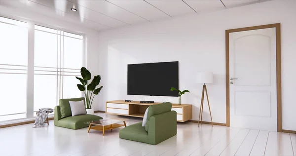 电视橱柜展示白色房间 白色地板 简约的日本客厅 3D渲染 — 图库照片