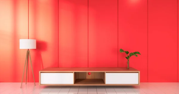 Czerwony Pokój Biały Podłogi Minimalistyczny Japoński Salon Renderowanie — Zdjęcie stockowe