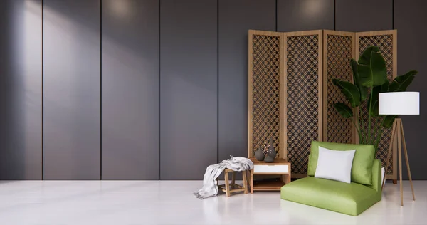 黒い部屋の白い床に緑のアームチェアと日本のパーティション紙の木製のデザイン — ストック写真