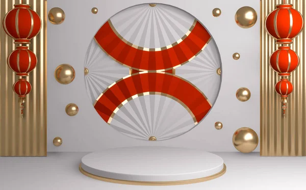 Het Gouden Chinese Podium Minimale Geometrische Podium Chinese Traditioneel Rendering — Stockfoto