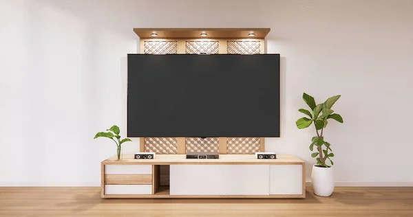 Modern Oda Beyaz Zemin Minimalistiyle Televizyon Vitrininde Sergileniyor Oluşturma — Stok fotoğraf