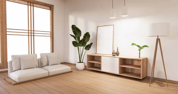 客厅的橱柜 白色的墙壁 白色的地板和扶手椅 3D渲染 — 图库照片