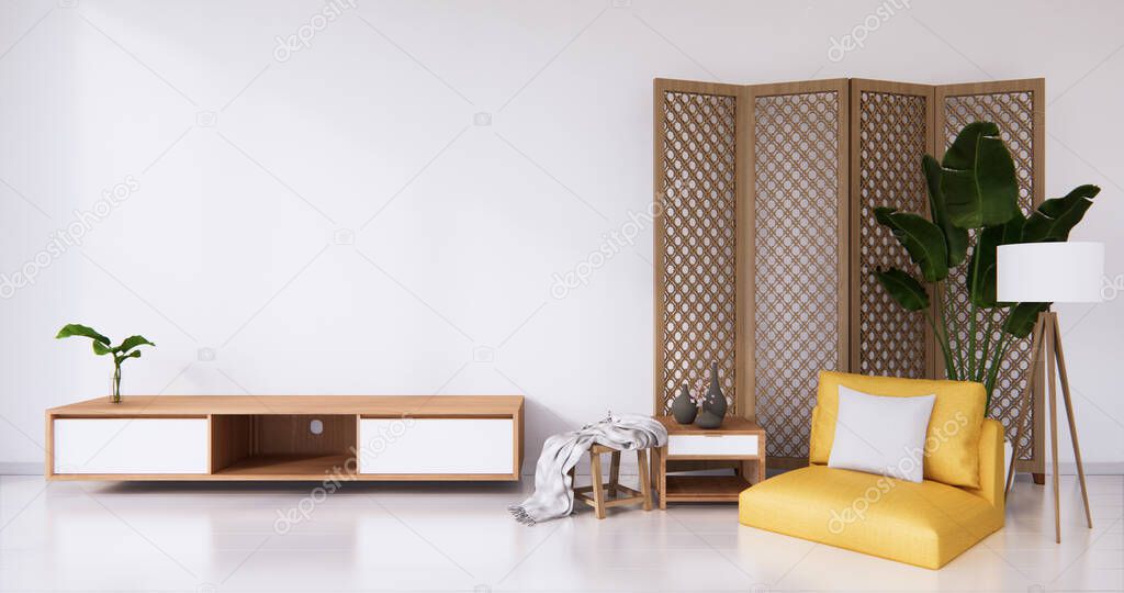 Yellow armchair and Japanese partition paper wooden design on white room white floor.3D rendering