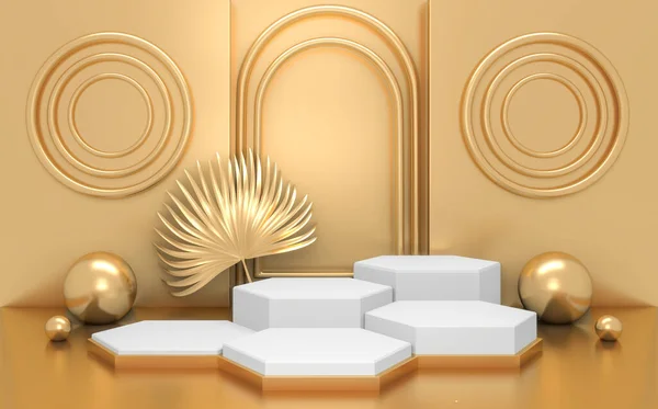 製品プレゼンテーションのための黄金の幾何学的な表彰台 3Dレンダリング — ストック写真