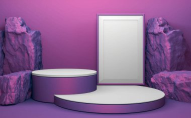 Ürün sunumu için podyum geometrik mor kaya taşları. 3B görüntüleme