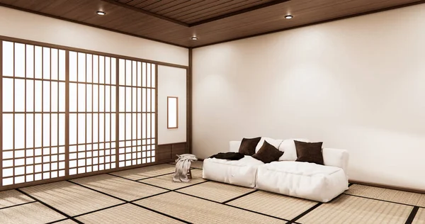 Interior Sala Estar Estilo Tropical Con Diseño Pared Representación —  Fotos de Stock