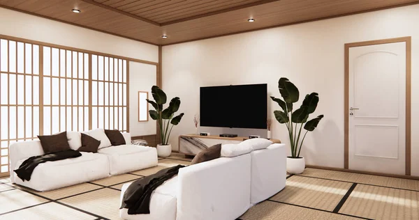 Interior Living Room Tropical Style Dengan Wall Design Rendering — Stok Foto