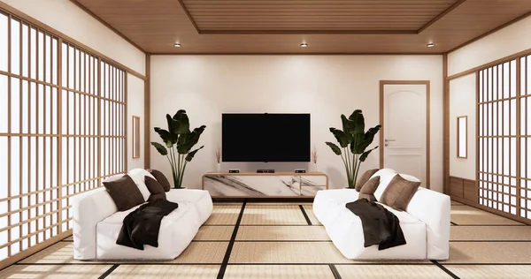 Interior Living Room Tropical Style Dengan Wall Design Rendering — Stok Foto