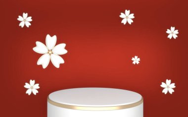 Kızıl Japon podyumu kozmetik ürünü, geometrik japon stili 3D sunuyor.