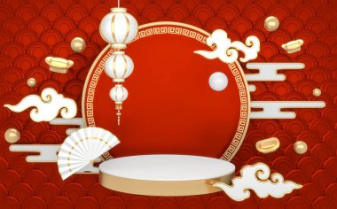 Kızıl Japon podyumu kozmetik ürünü, geometrik japon stili 3D sunuyor.