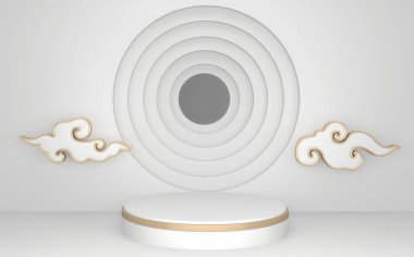 Altın Podyum minimal geometrik beyaz ve altın rengi soyut 3D çizim