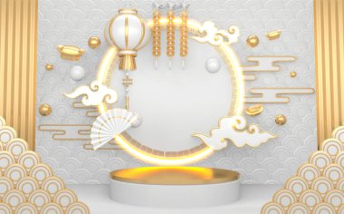 Altın Podyum minimal geometrik beyaz ve altın rengi soyut 3D çizim