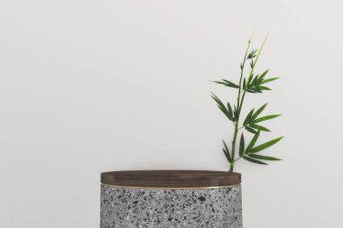 Bambu yaprağı süslemesi ve beyaz arka planda beyaz granit podyum. 3B görüntüleme