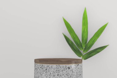 Bambu yaprağı süslemesi ve beyaz arka planda beyaz granit podyum. 3B görüntüleme