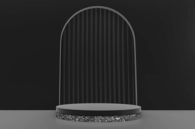 Siyah granit podyum arka planda minimal tasarım. 3B görüntüleme