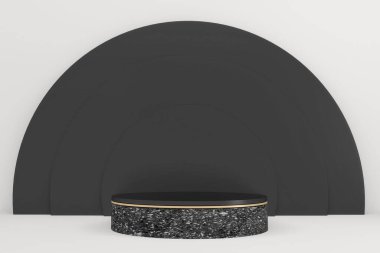 Siyah granit podyum arka planda minimal tasarım. 3B görüntüleme