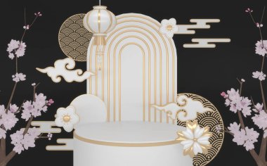 Soyut podyum siyah altın kavramı ve Japon tarzı dekorasyon. 3B görüntüleme