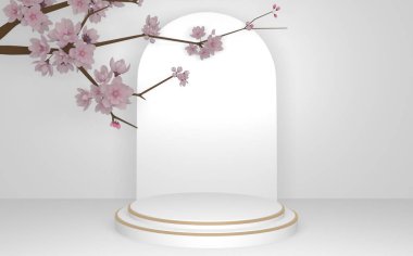 Sakura dekorasyonu ve beyaz arka planda beyaz granit podyum. 3B görüntüleme