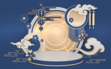 Mavi Podyum, minimal podyum geometrik ve dekorasyon rengi Japon tonu 3D