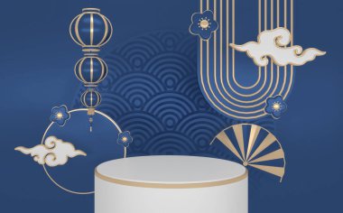 Mavi Podyum, minimal podyum geometrik ve dekorasyon rengi Japon tonu 3D