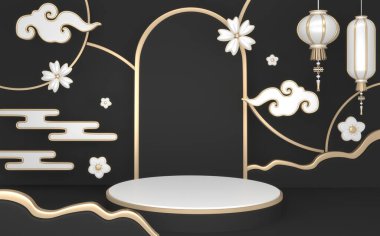 Japon Siyah ve Altın Podyumu minimal geometrik, Karanlık stil 3D görüntüleme