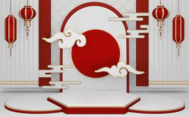 Kızıl Japon podyumu kozmetik ürünü, geometrik japon stili 3D sunuyor.