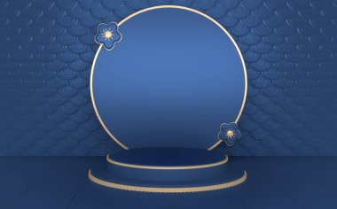 Mavi soyut geometrik arkaplan, Japon tarzı podyum mavisi tasarım 3D