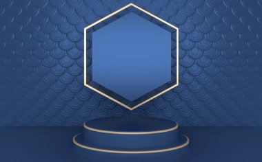 Mavi soyut geometrik arkaplan, Japon tarzı podyum mavisi tasarım 3D