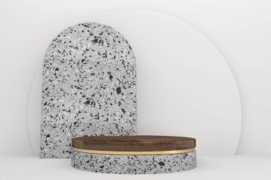 Arka planda asgari tasarım üzerine tropik granit podyum. 3B görüntüleme