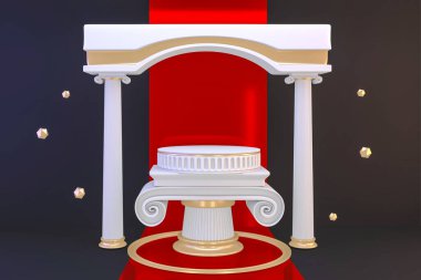 Siyah zemin üzerinde kozmetik ürünler için modern beyaz podyum boşluğu. 3B görüntüleme