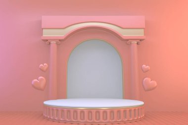 Pembe podyum gösterisi. Pembe arka plan 3D görüntüleme.